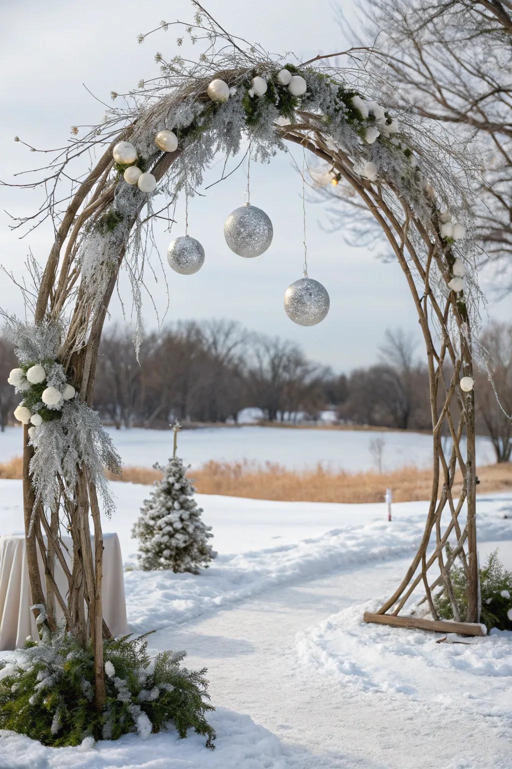 A winter wonderland arch with silver accents and faux snow.
