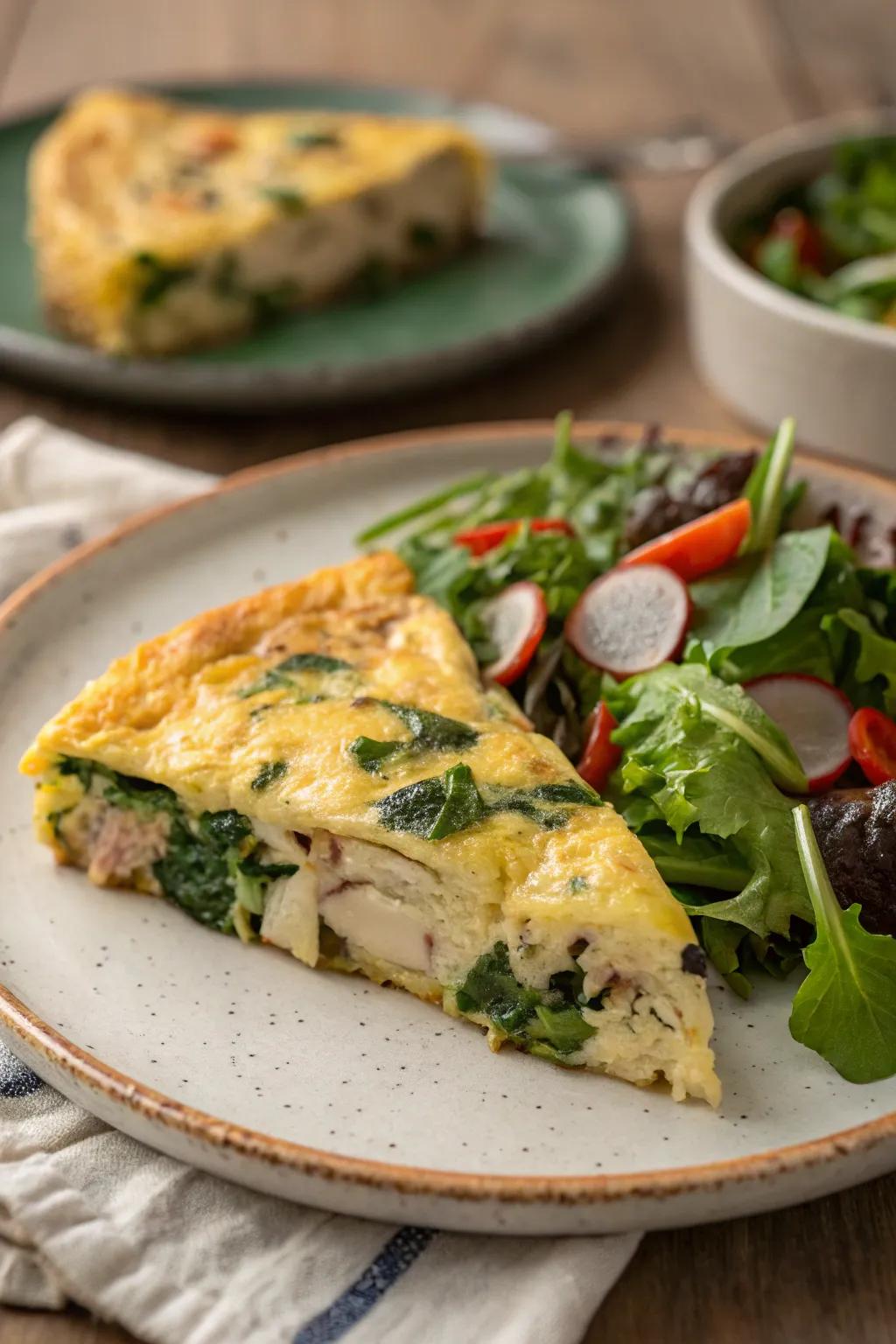 A hearty turkey and greens frittata with a fresh side salad.