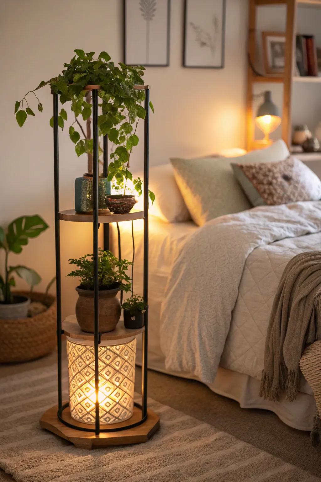 Add ambiance with plant stands that feature integrated lighting.