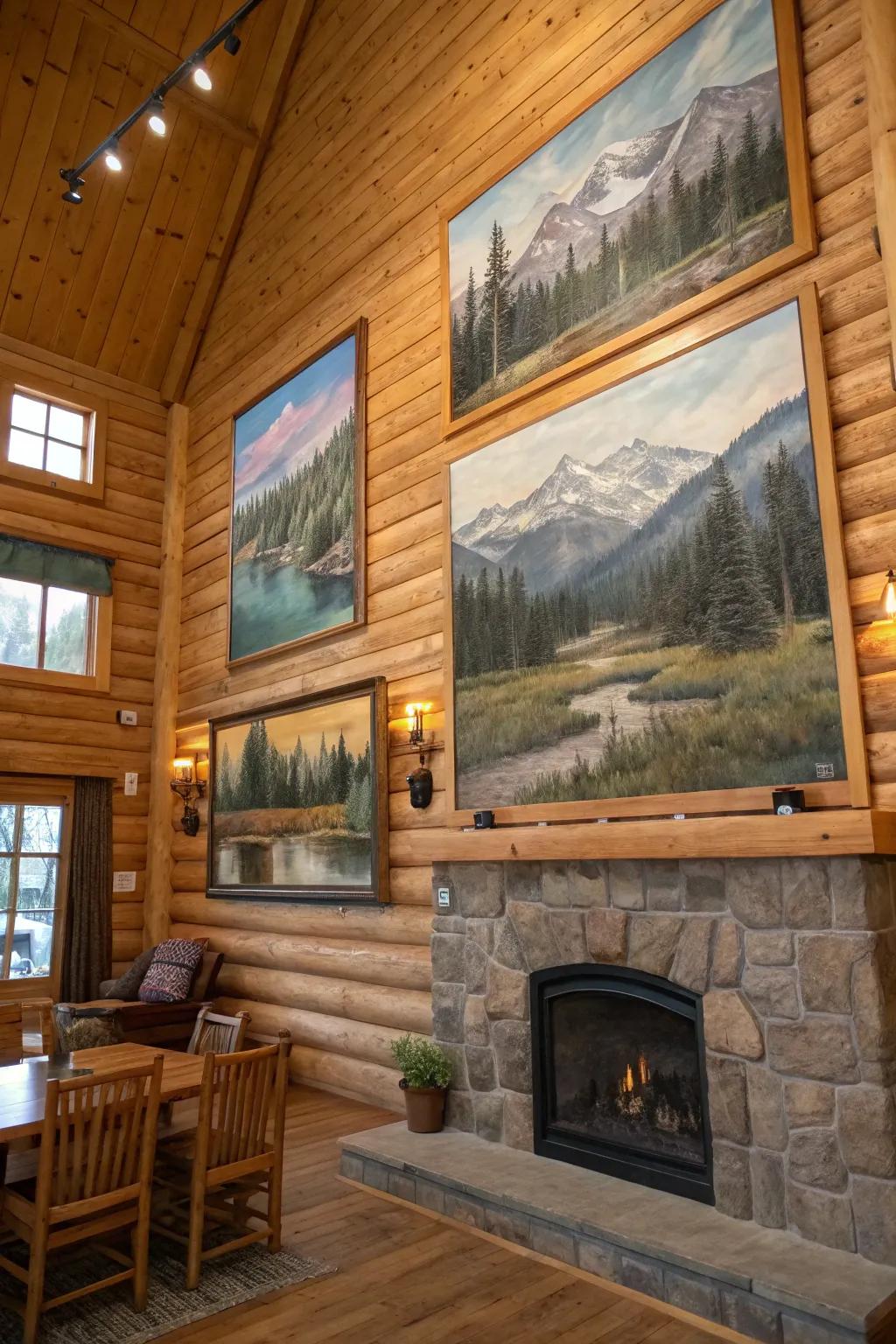 Landscape paintings enhance the natural beauty inside the log cabin.