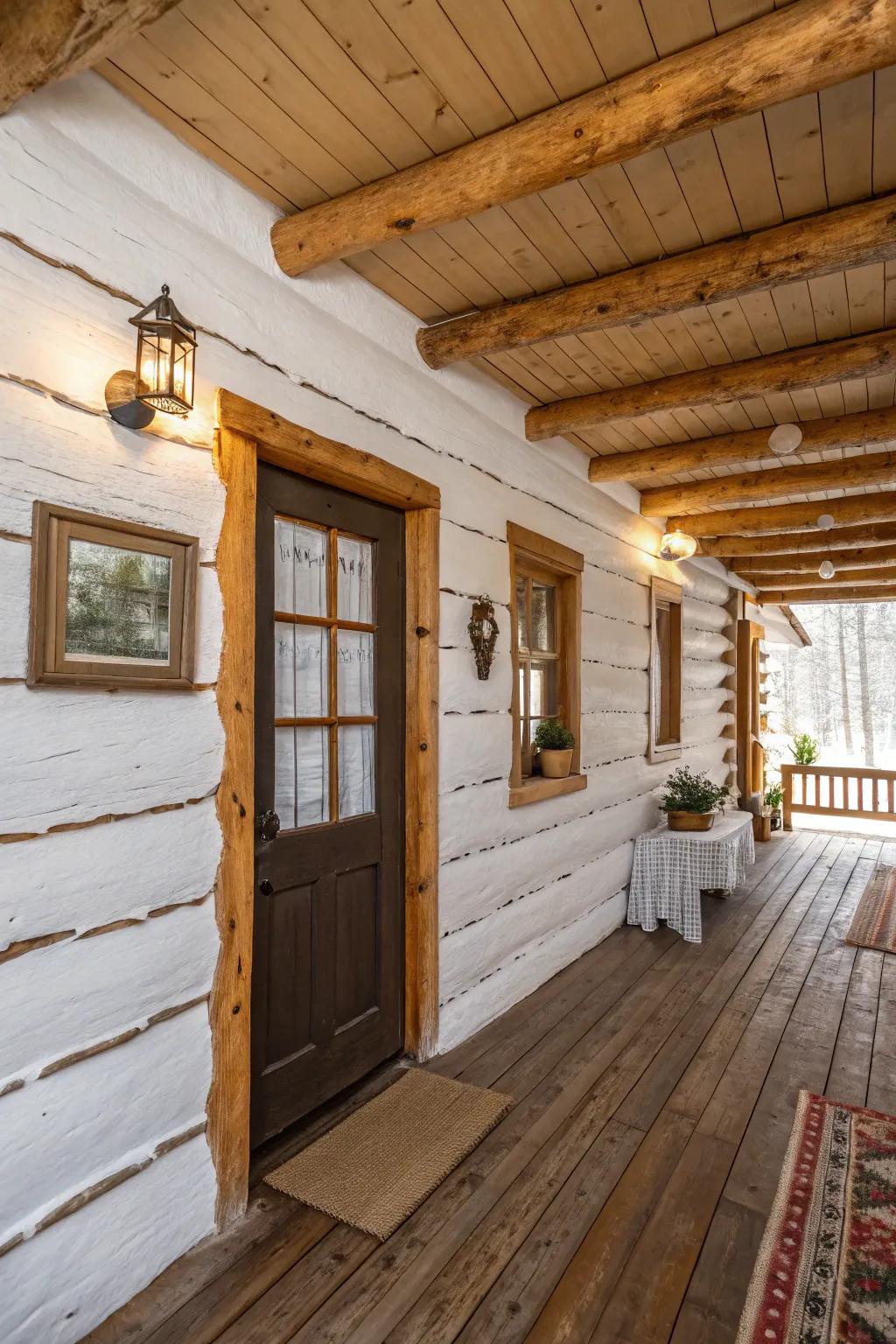 Whitewashed walls offer a bright, modern twist to a traditional log cabin.