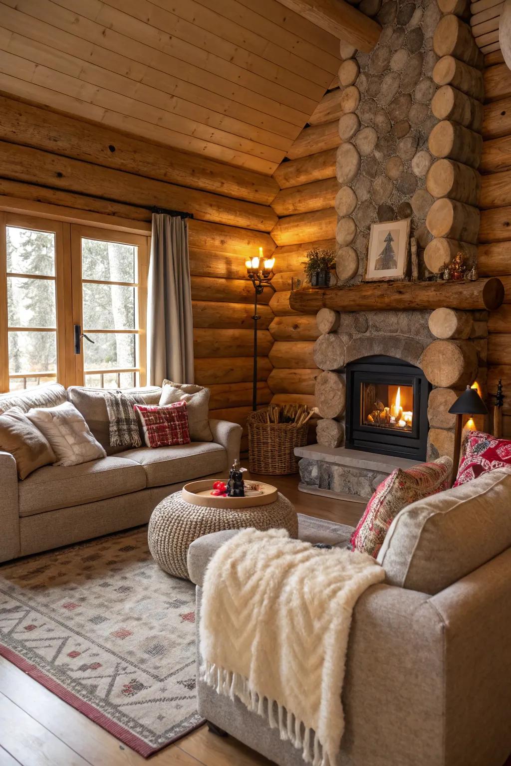Welcoming plush seating area ideal for unwinding in a log cabin.