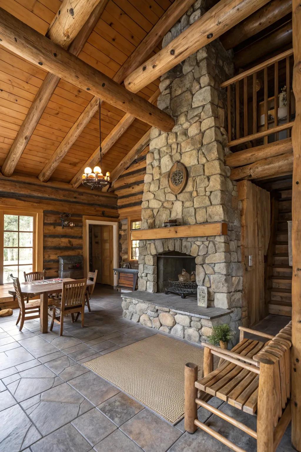 Stonework beautifully contrasts with wood in a log cabin interior.