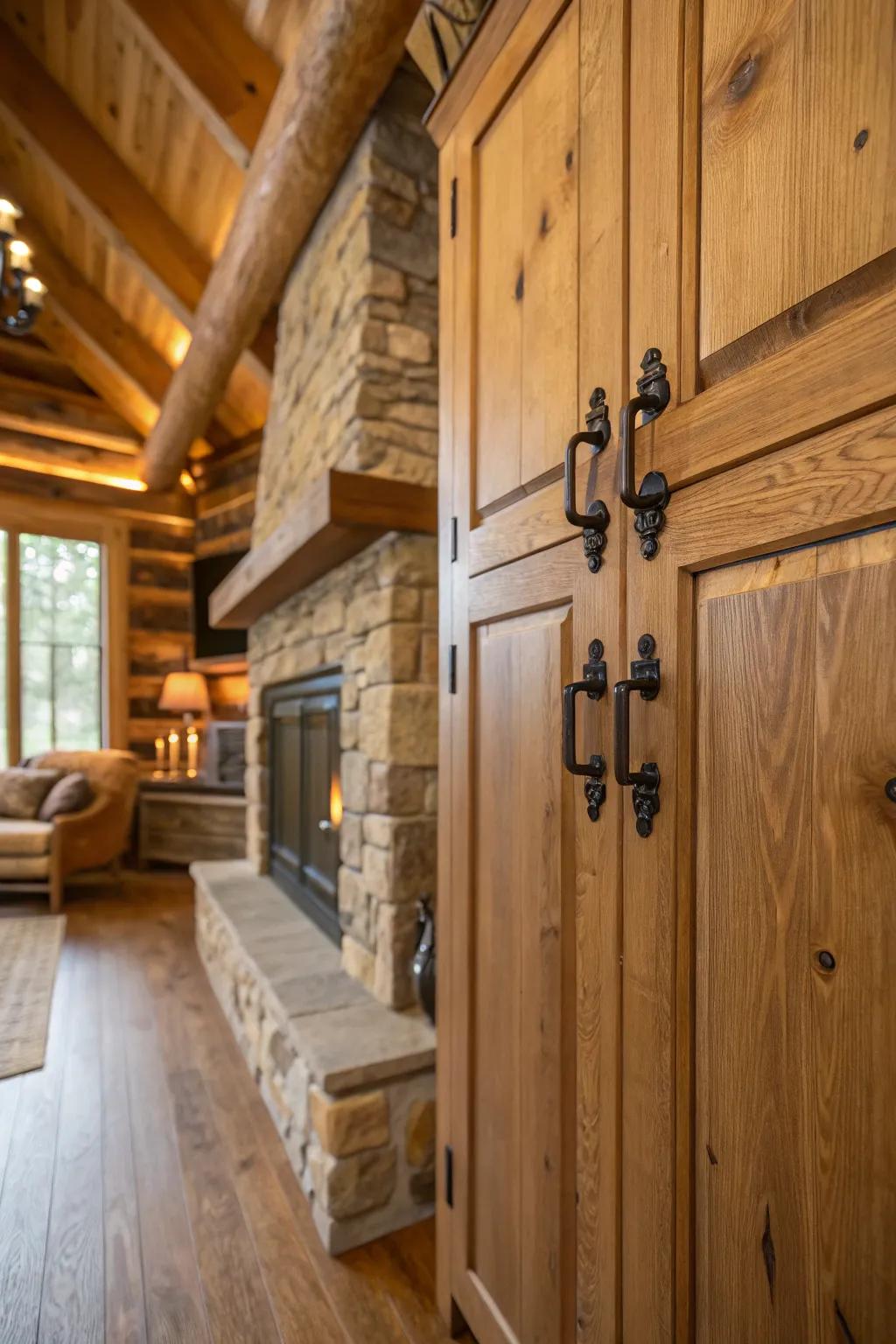 Black iron hardware adds a sleek and cohesive look to the cabin.