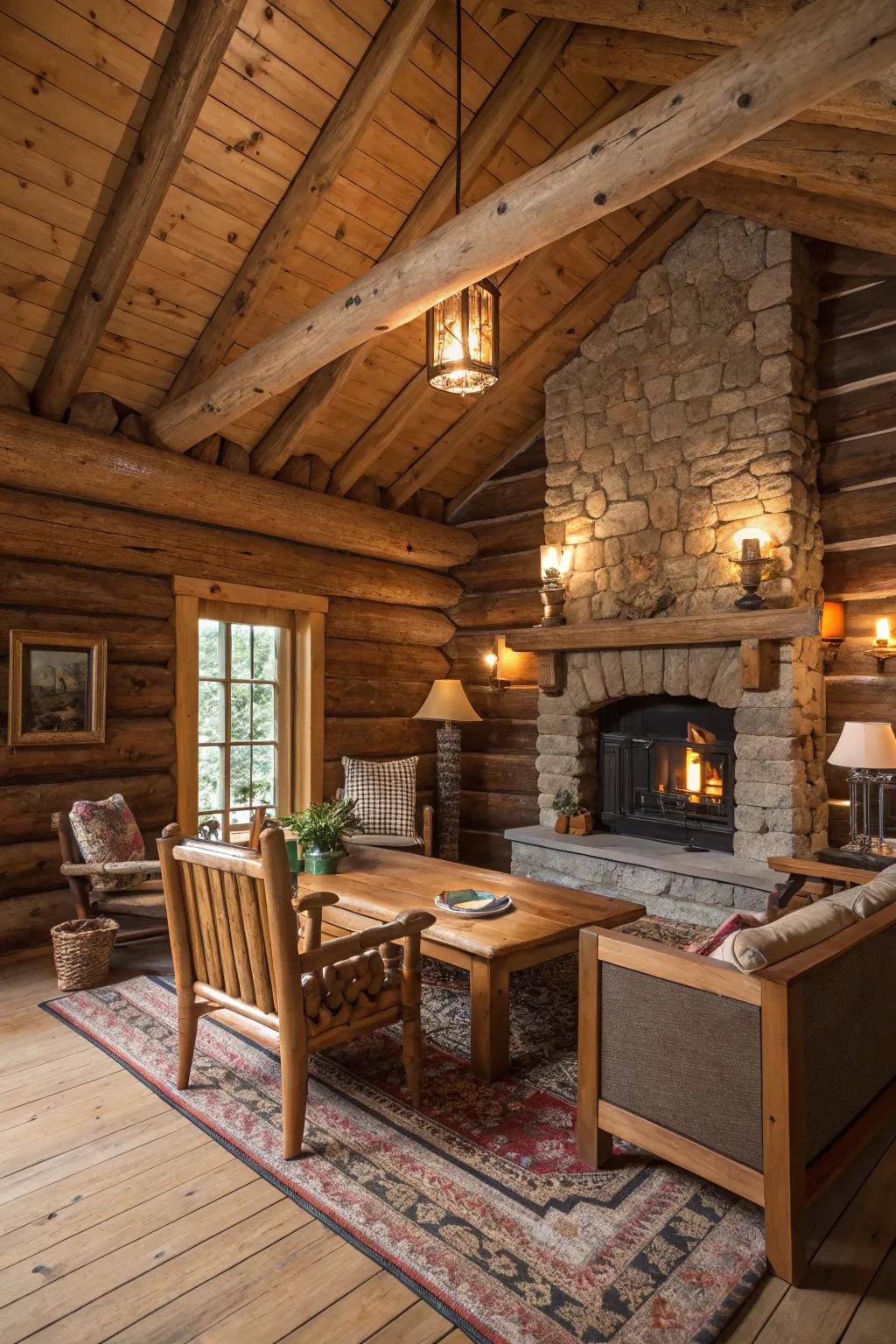 Natural wood elements such as beams and log walls enhance the cozy environment.