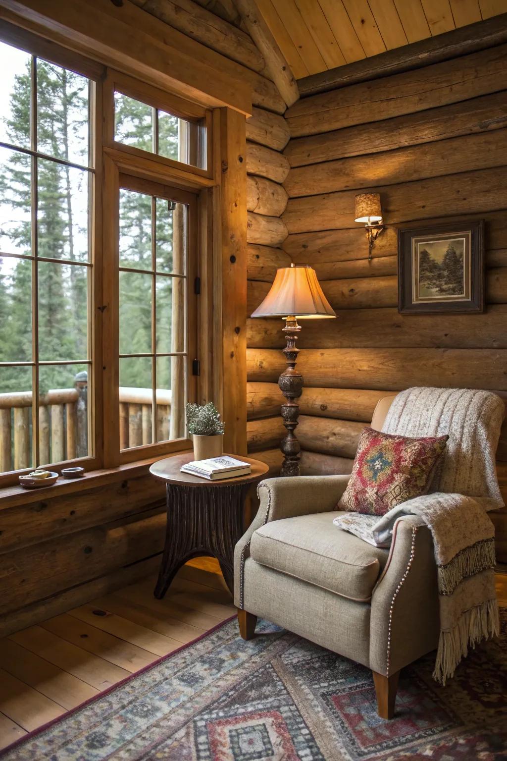 A cozy nook ideal for reading or relaxing in a log cabin.