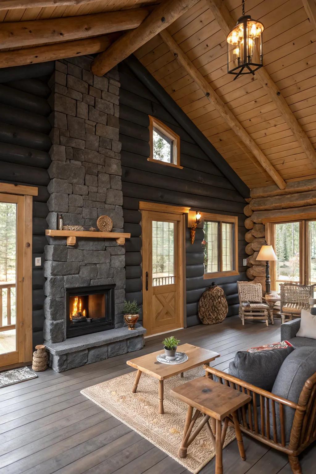 Smokey charcoal walls add depth and intrigue to the cabin's interior.
