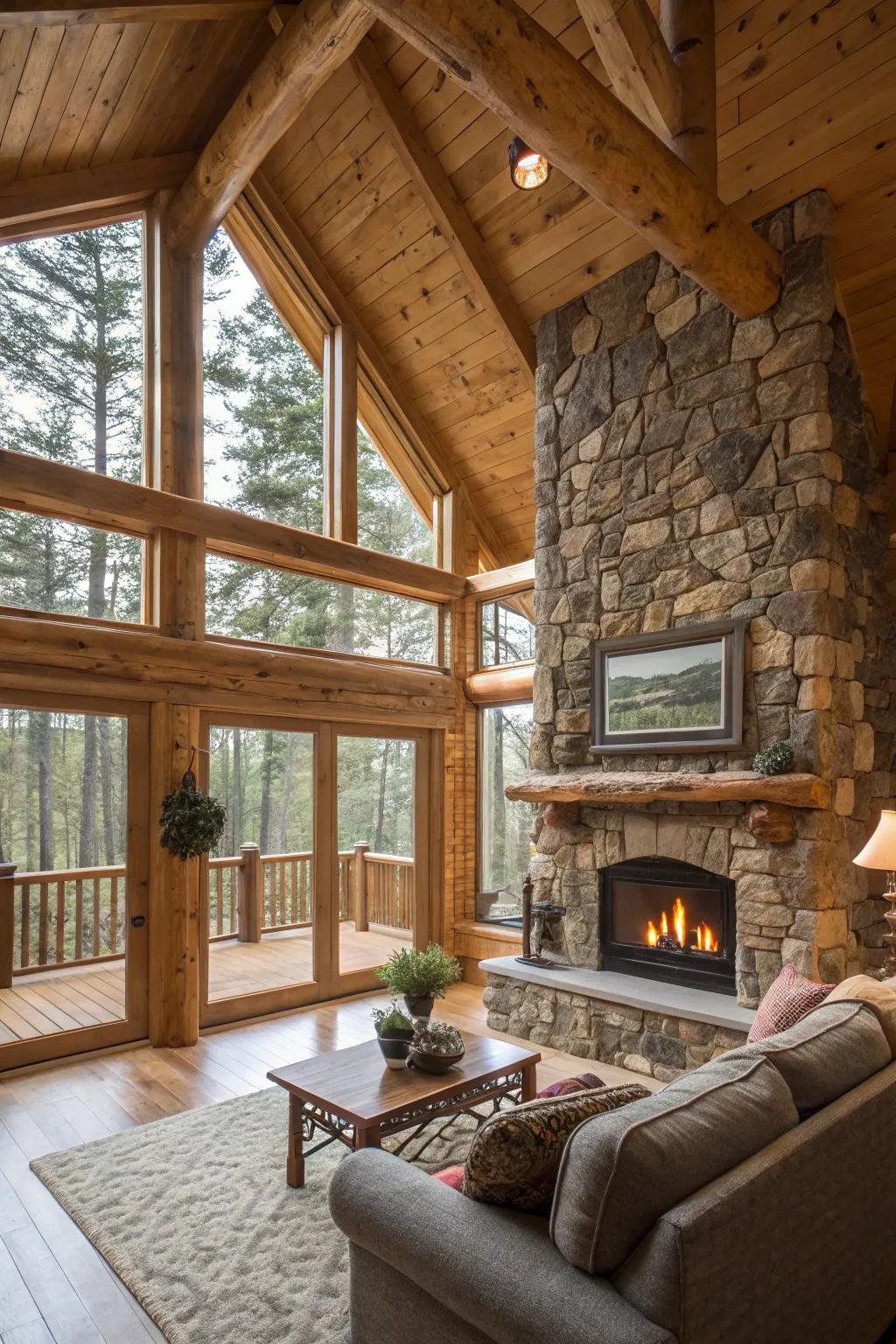 Open spaces in a log cabin interior enhance the feeling of spaciousness.