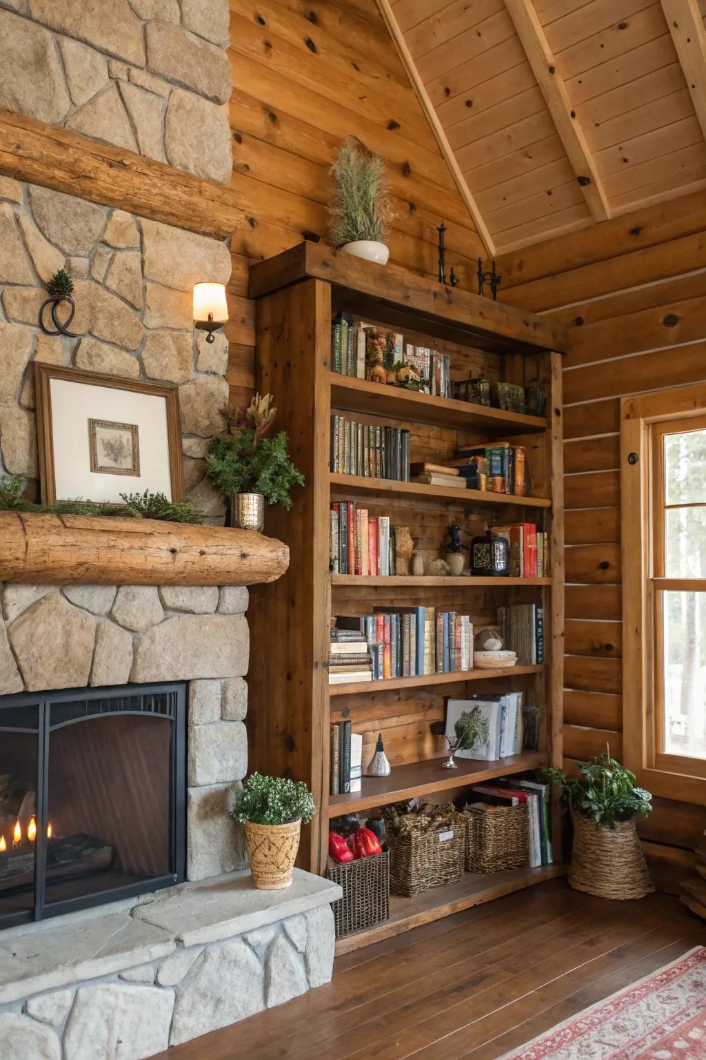Reclaimed wood shelving adds character and functionality to the cabin.