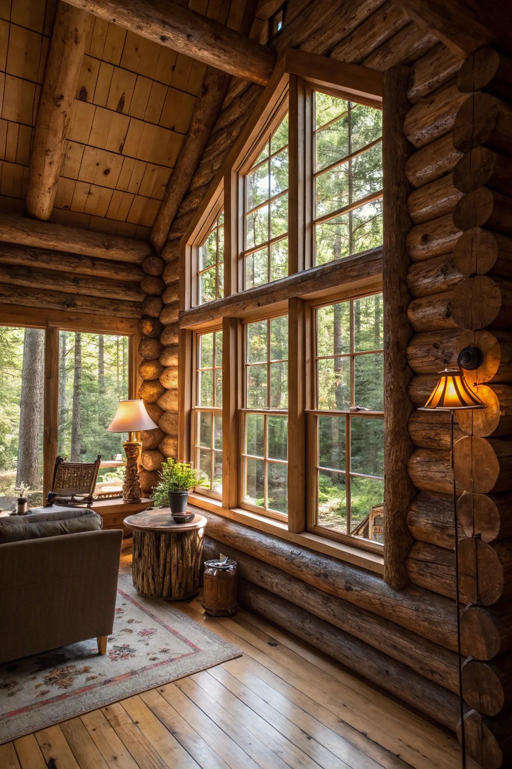 Tree trunk window frames add a unique touch to the cabin's design.
