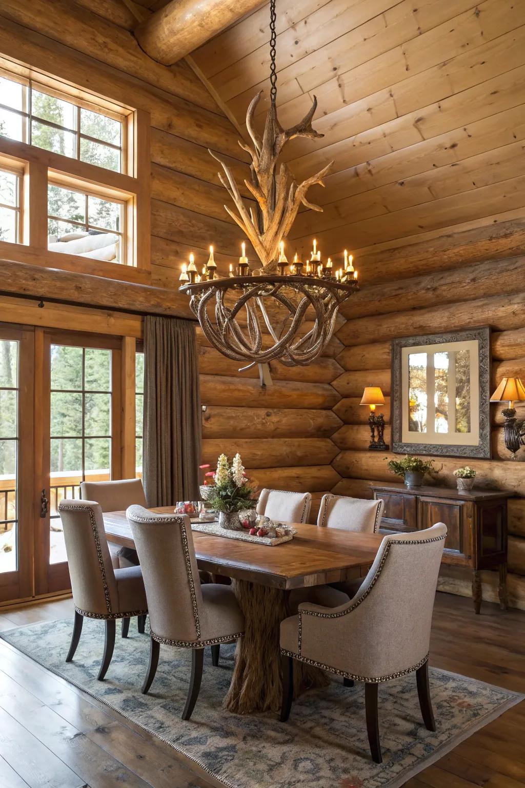 An antler chandelier adds a rustic elegance to a log cabin's dining area.