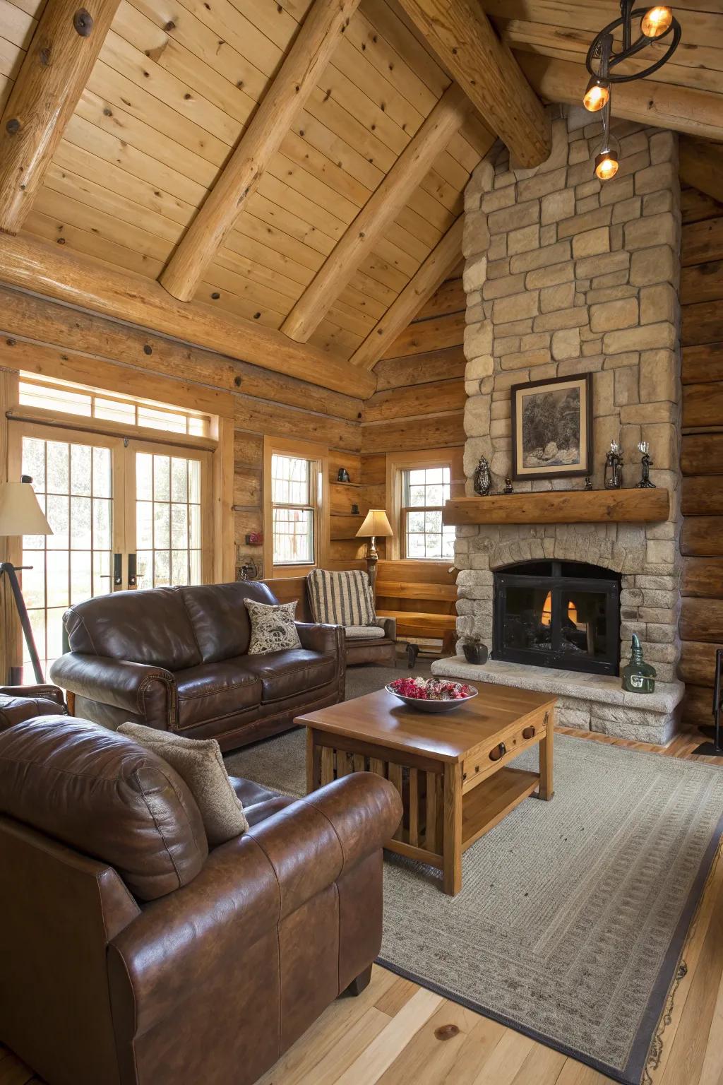 Leather furniture adds sophistication and comfort to the log cabin.