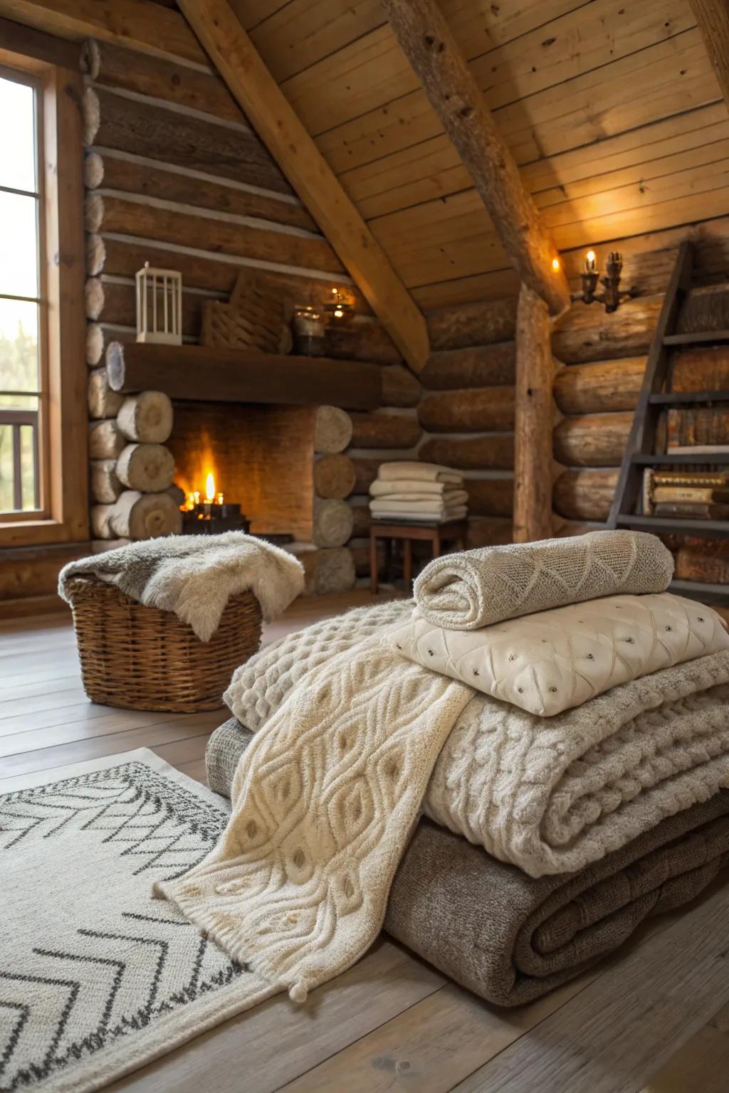 Layered textures add depth and warmth to the cabin's interior design.