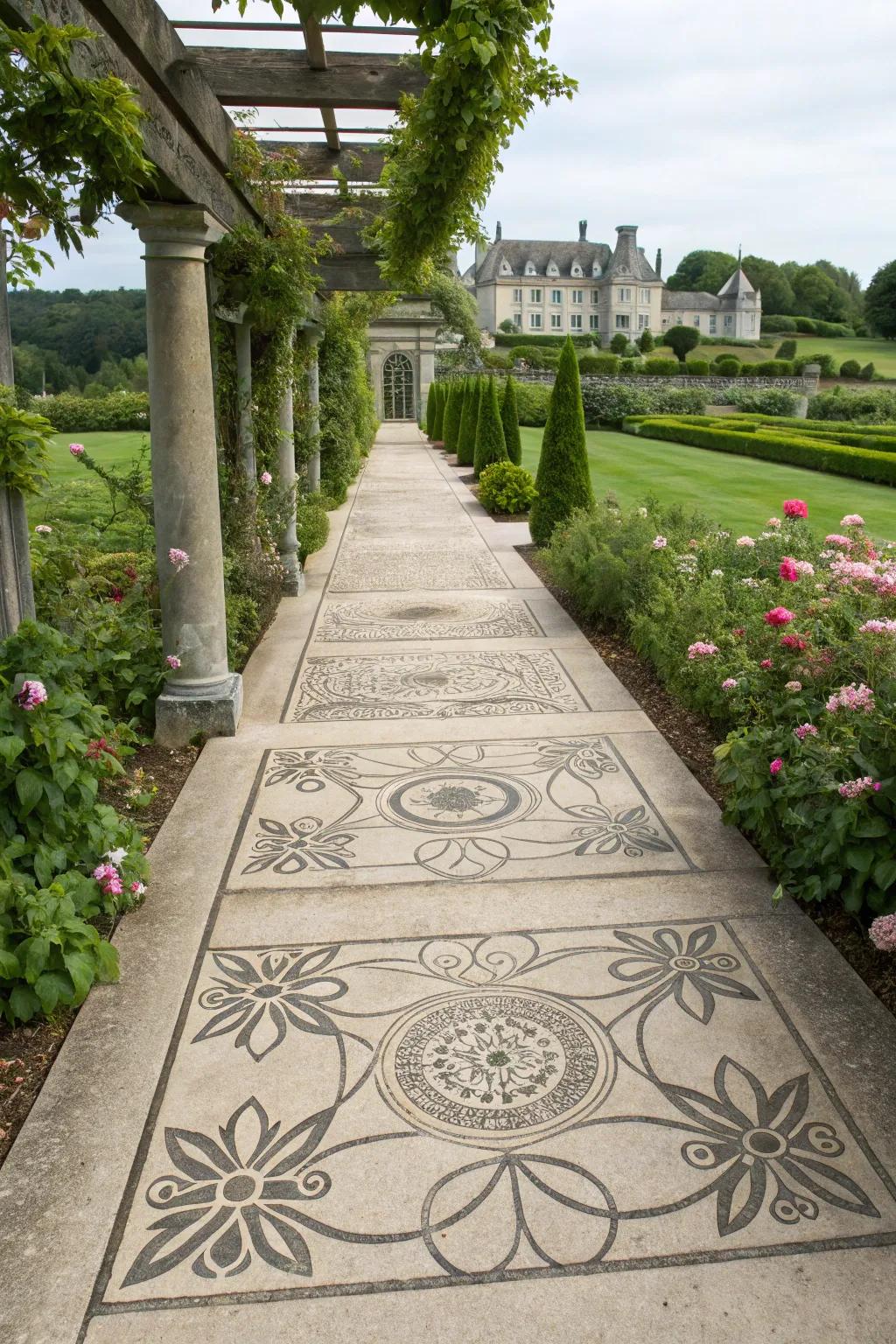 Saw-cut designs transform walkways into artistic statements.