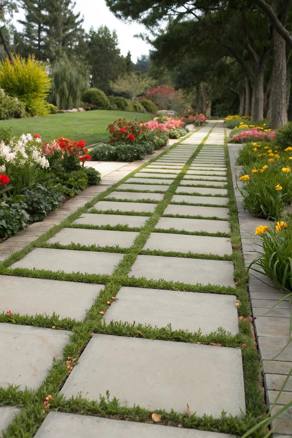 Grass inlays soften the sturdy appearance of concrete walkways.
