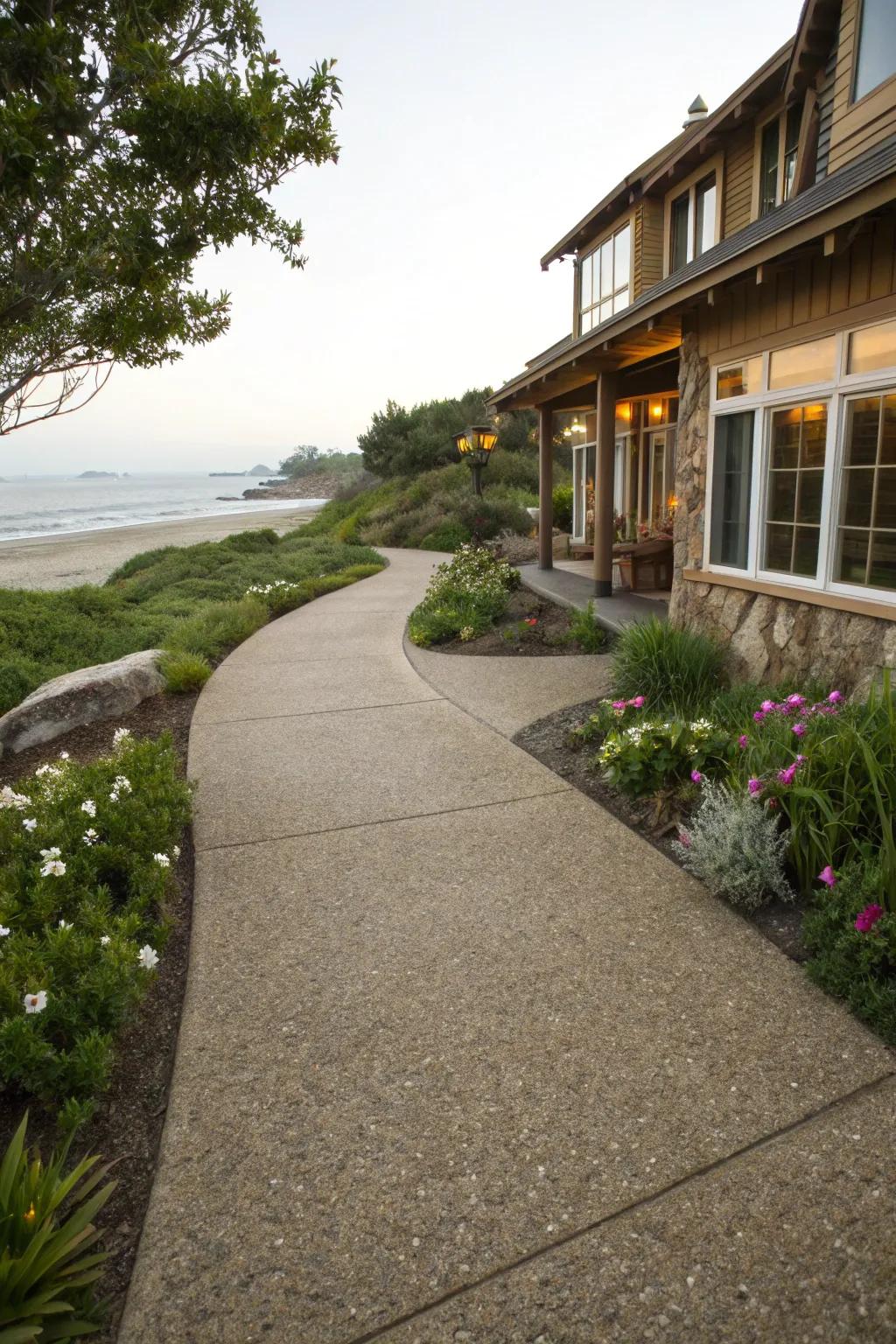 Exposed aggregate walkways present a textured, natural aesthetic.