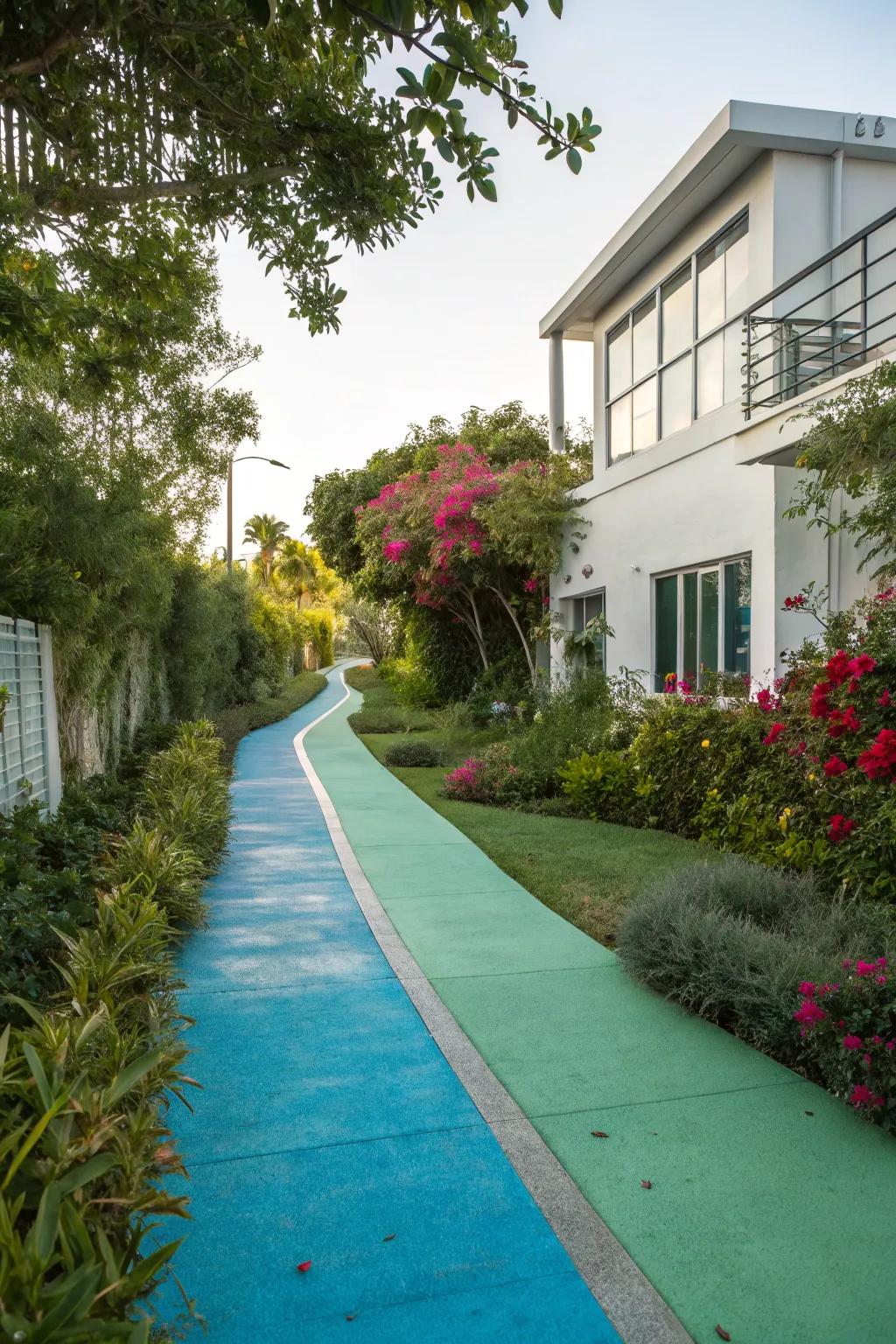 Colored concrete walkways introduce a vibrant personality.