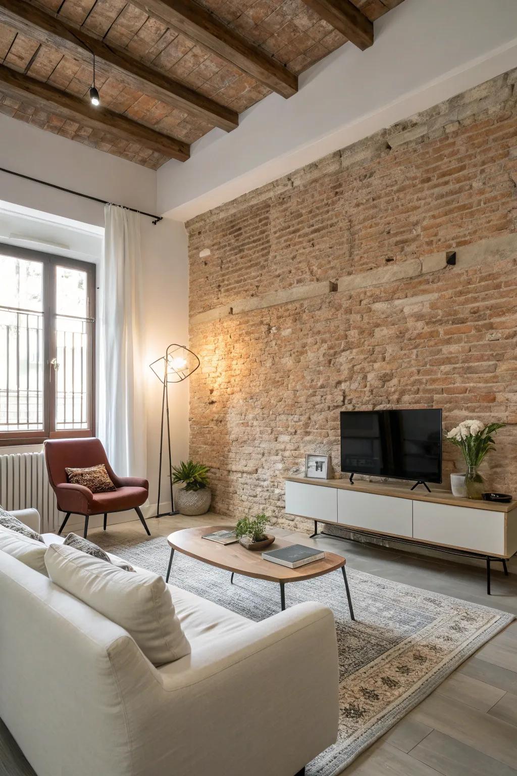 Uncovered brick walls bring character and warmth to your industrial living room.