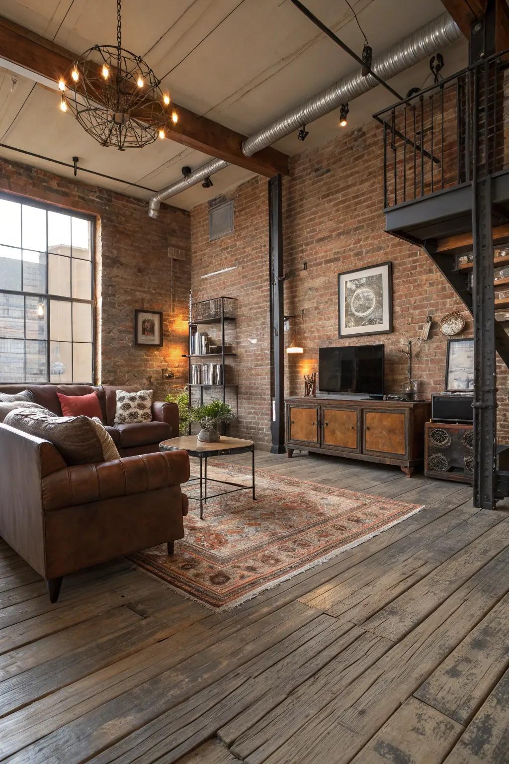 Rugged flooring sets the tone for the industrial aesthetic.