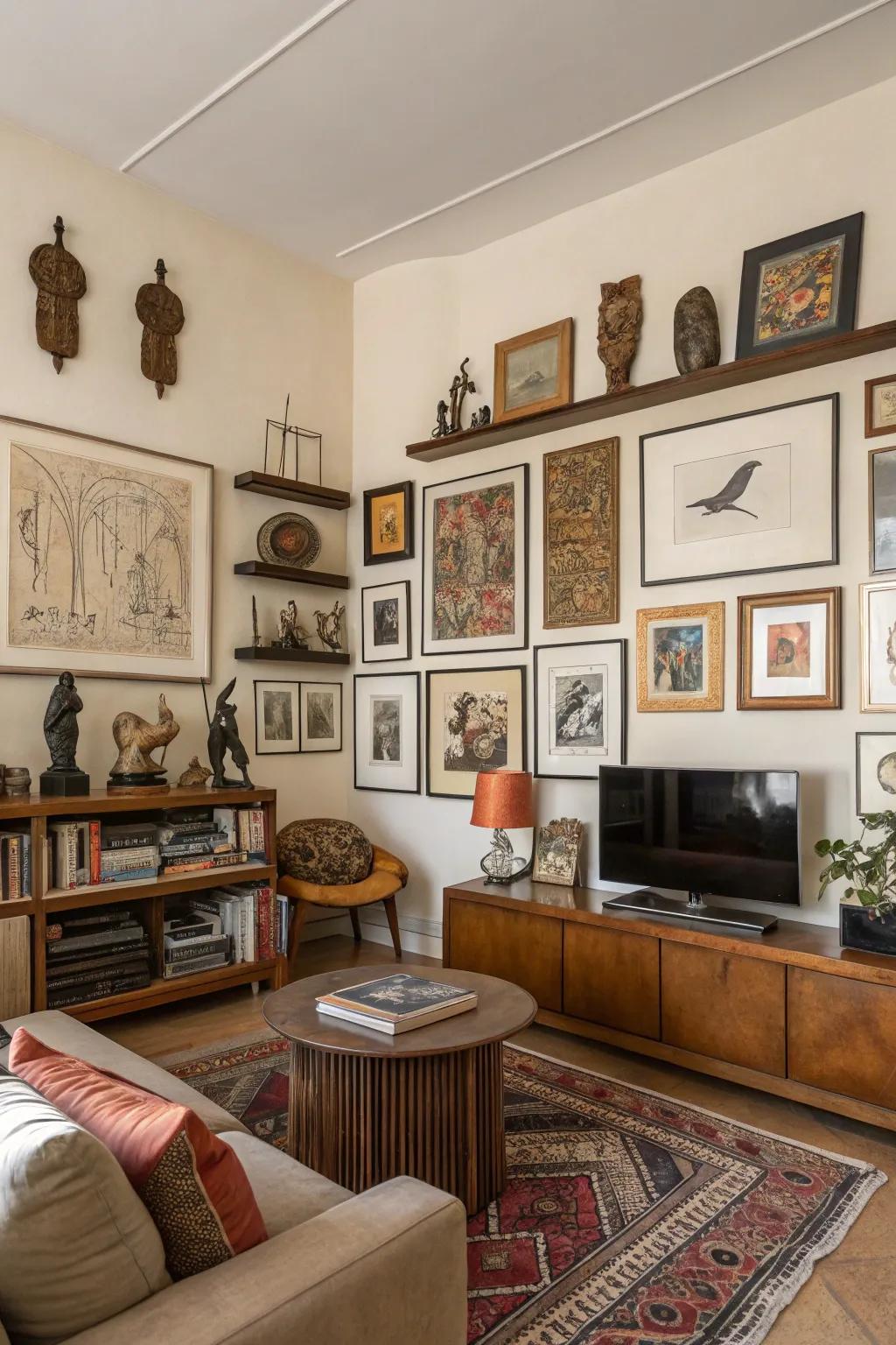 Sculptural items contribute depth to your art display.