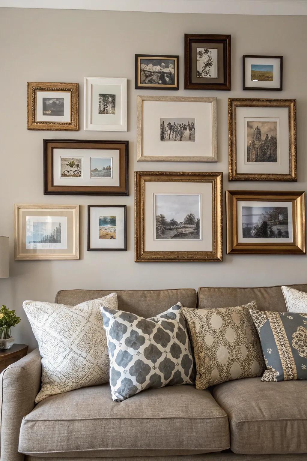 Layered gallery walls introduce depth and sophistication to your room.