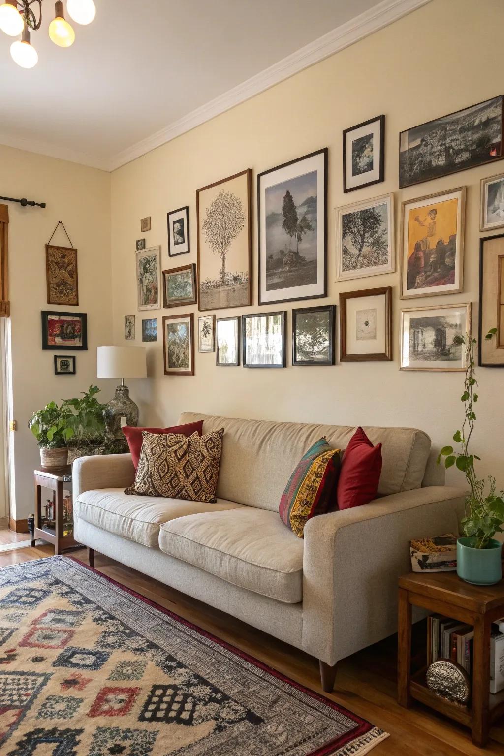 Combining diverse frame styles brings an artistic charm to your family room.