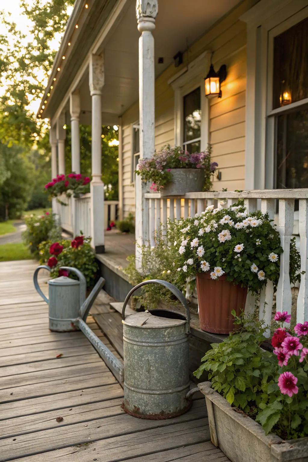 Add a vintage twist with antique watering cans.