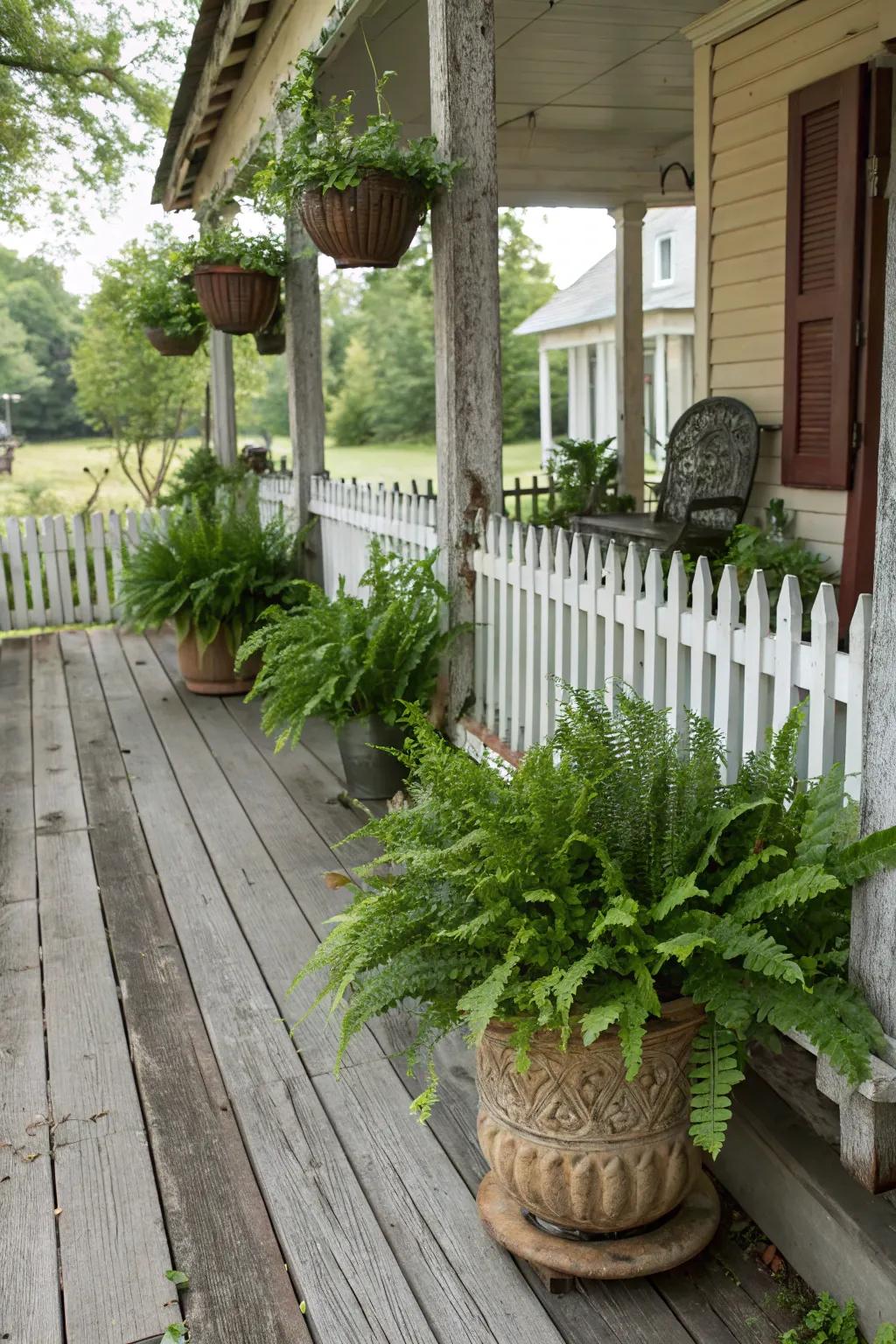 Enhance your porch with lush potted ferns.