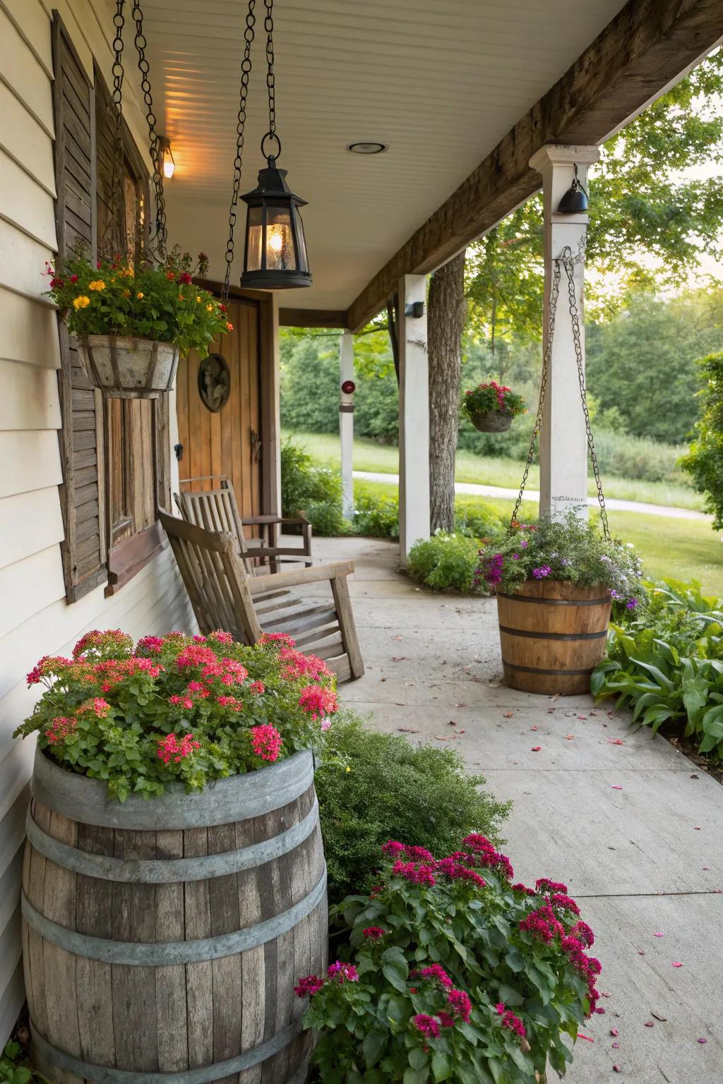 Add charm with rustic barrel planters.