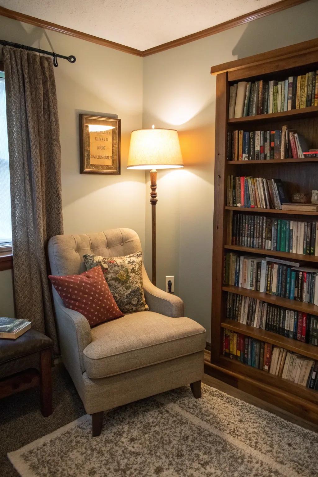 A reading nook offers a peaceful escape in a tiny room.