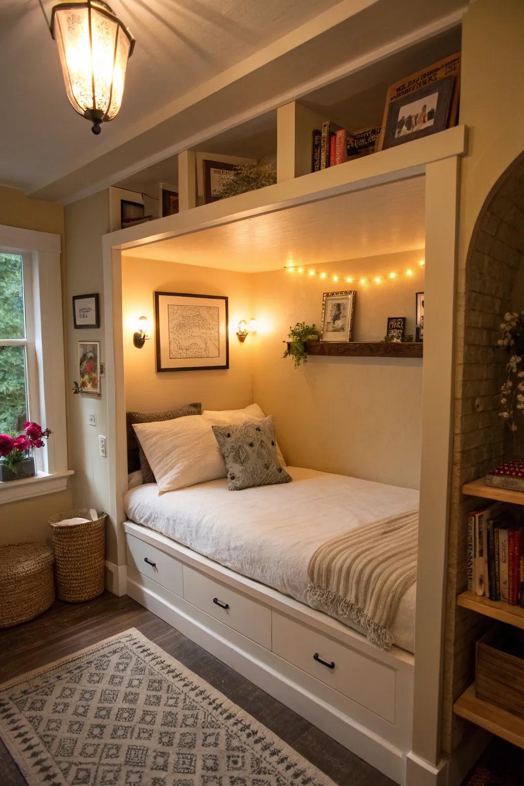 A bed nook offers a cozy getaway in a tiny room.