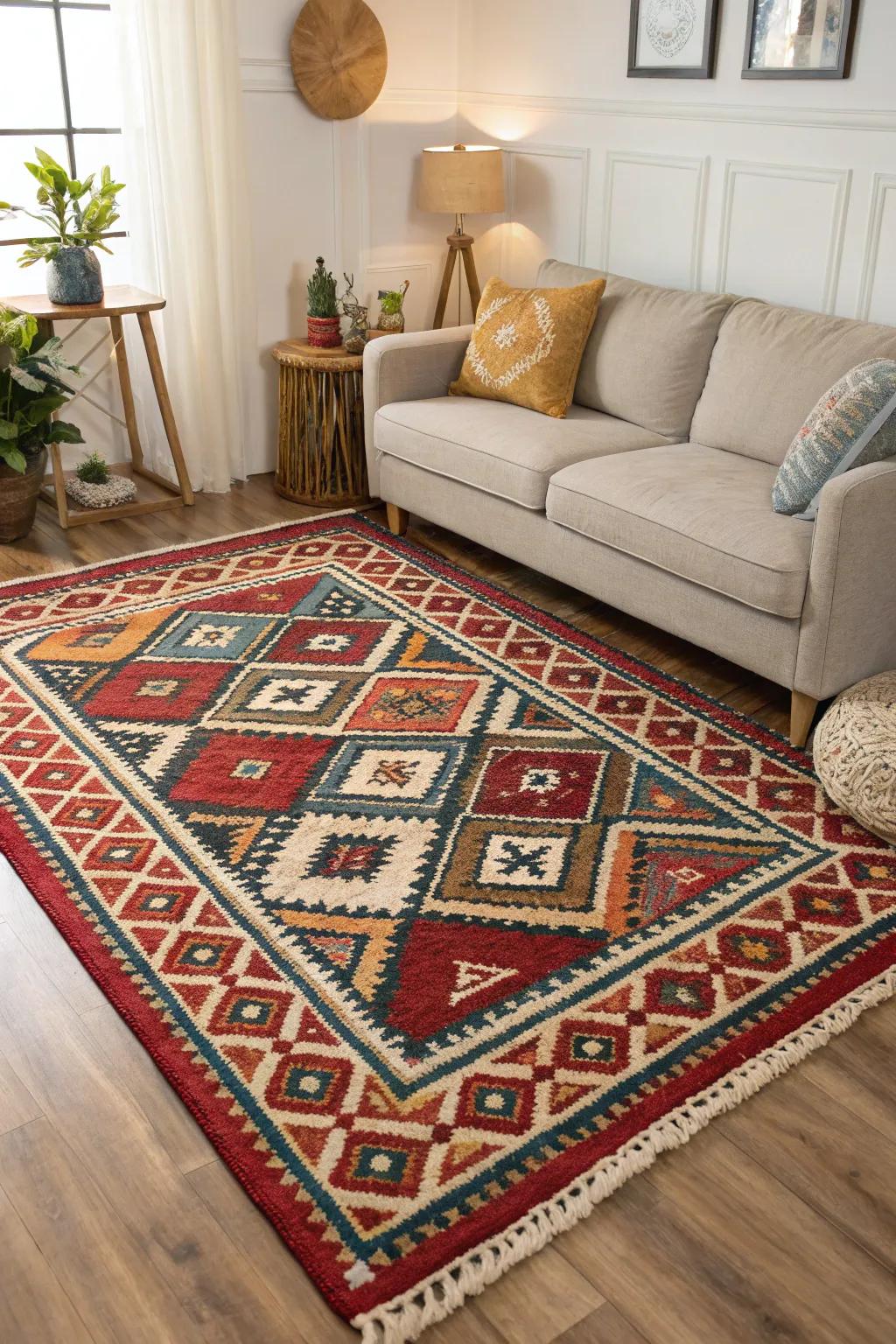 Big rugs hold the room together and make it feel bigger.