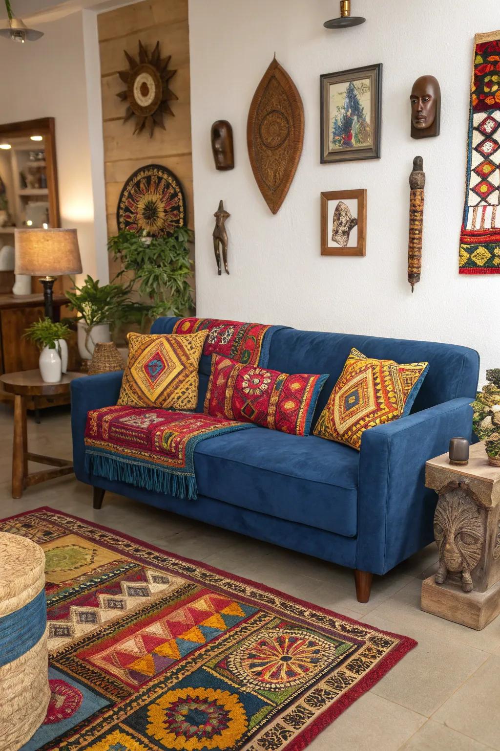 Ethnic details enhance the sapphire settee with a rich story and visual appeal.