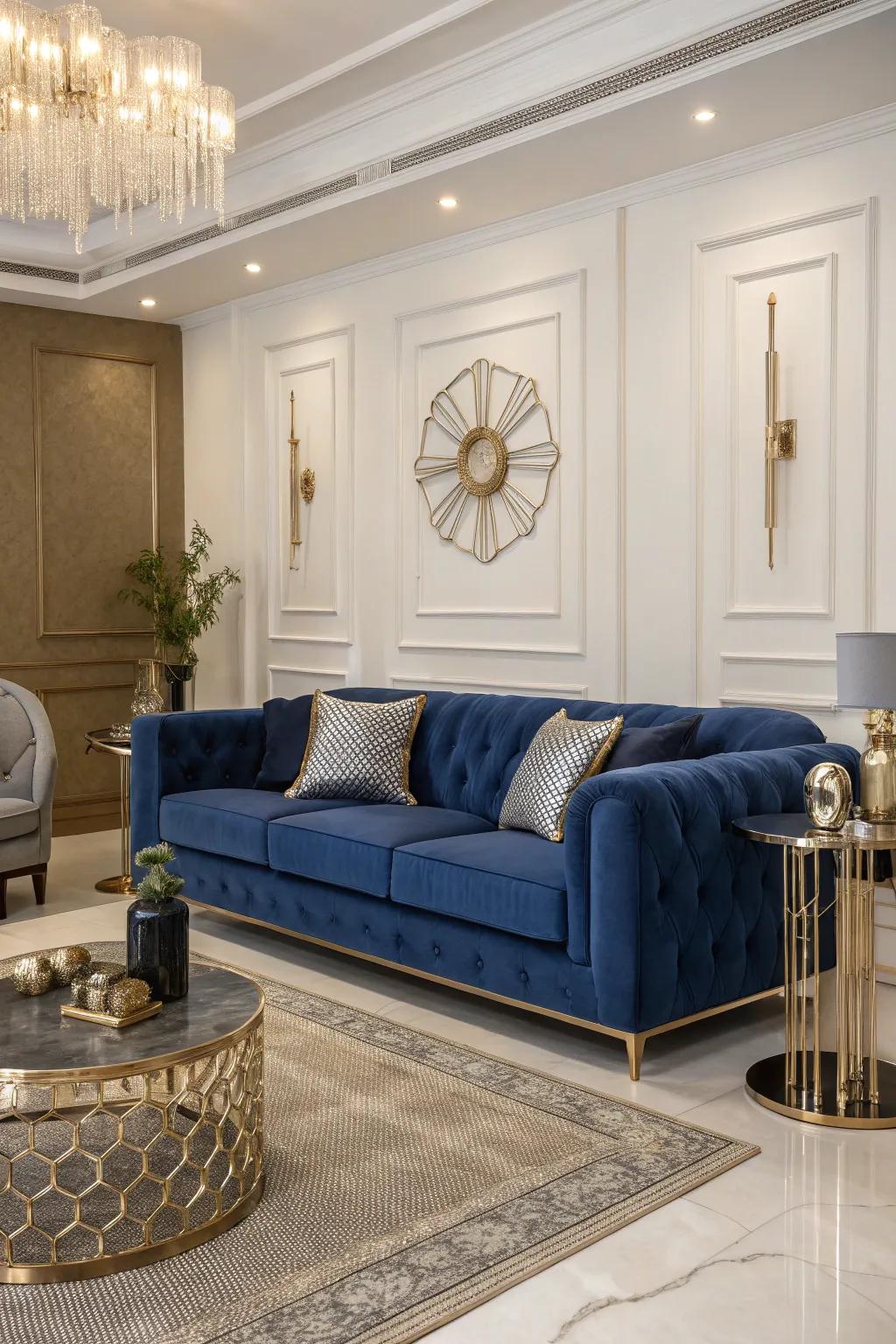 Metal details inject a modern edge to the sapphire settee's timeless appeal.