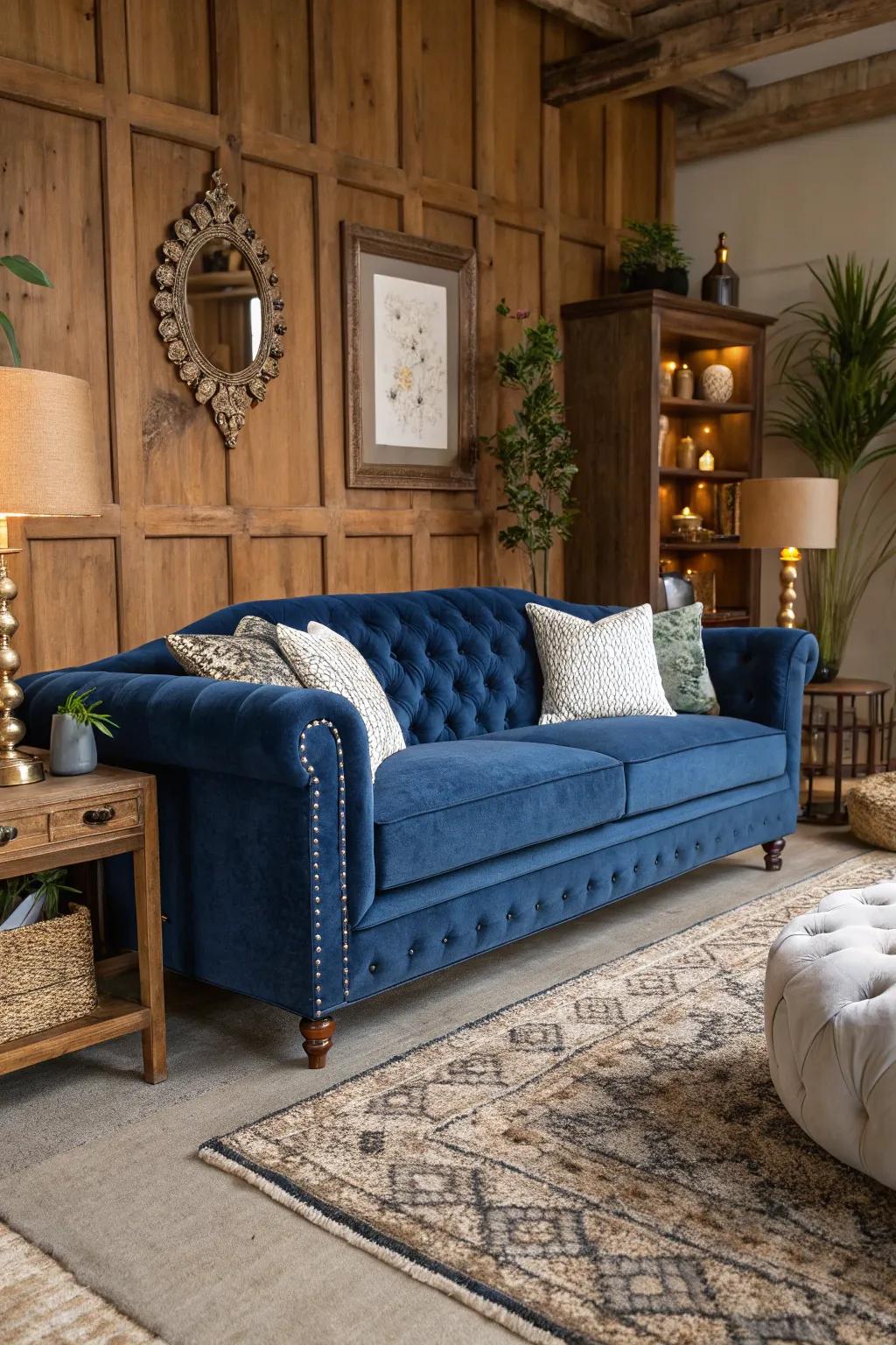 A mix of feels around the sapphire settee injects dimension and visual intrigue.