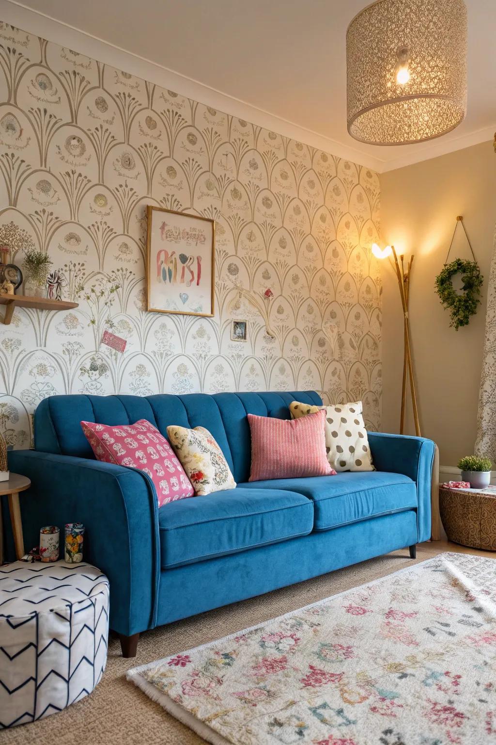 Playful patterns bring a fun contrast to the elegant sapphire settee.