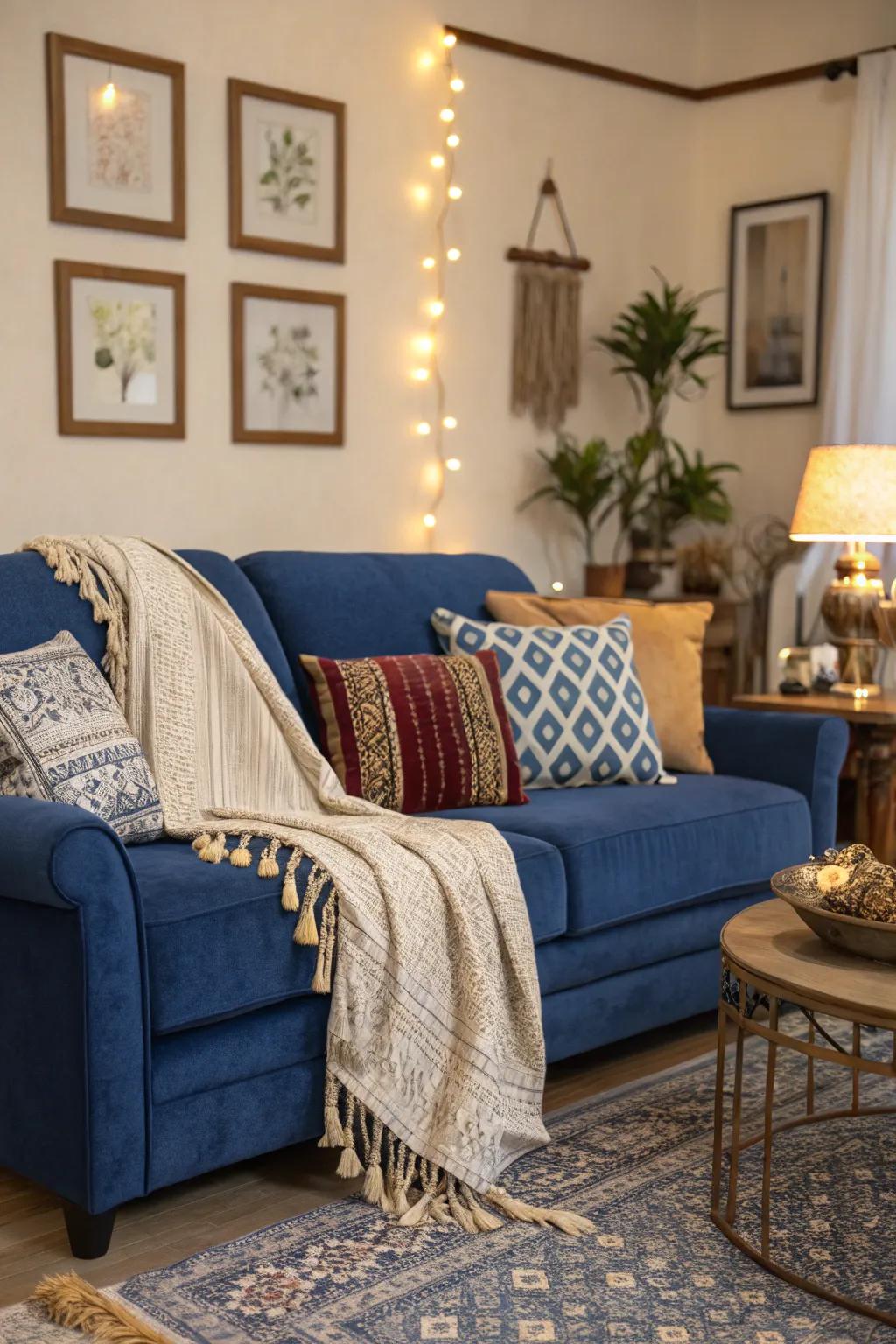 Layering throws and cushions adds comfort and flair to the sapphire settee.