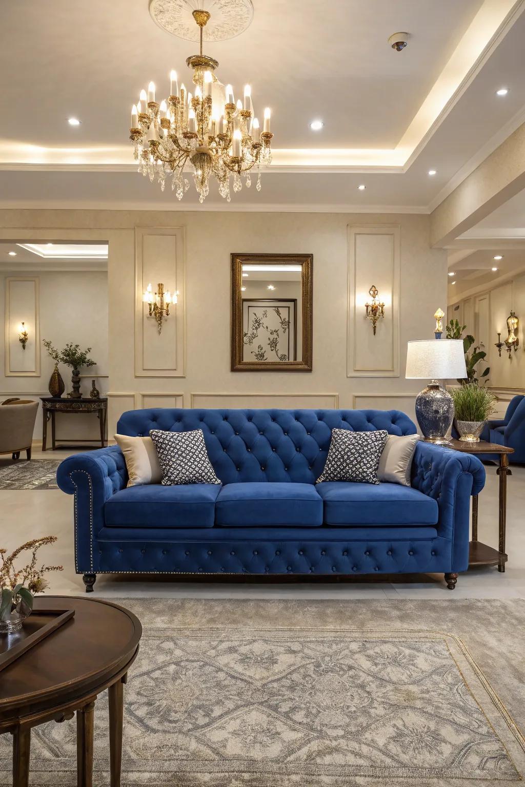 A balanced arrangement enhances the sapphire settee's presence in the room.