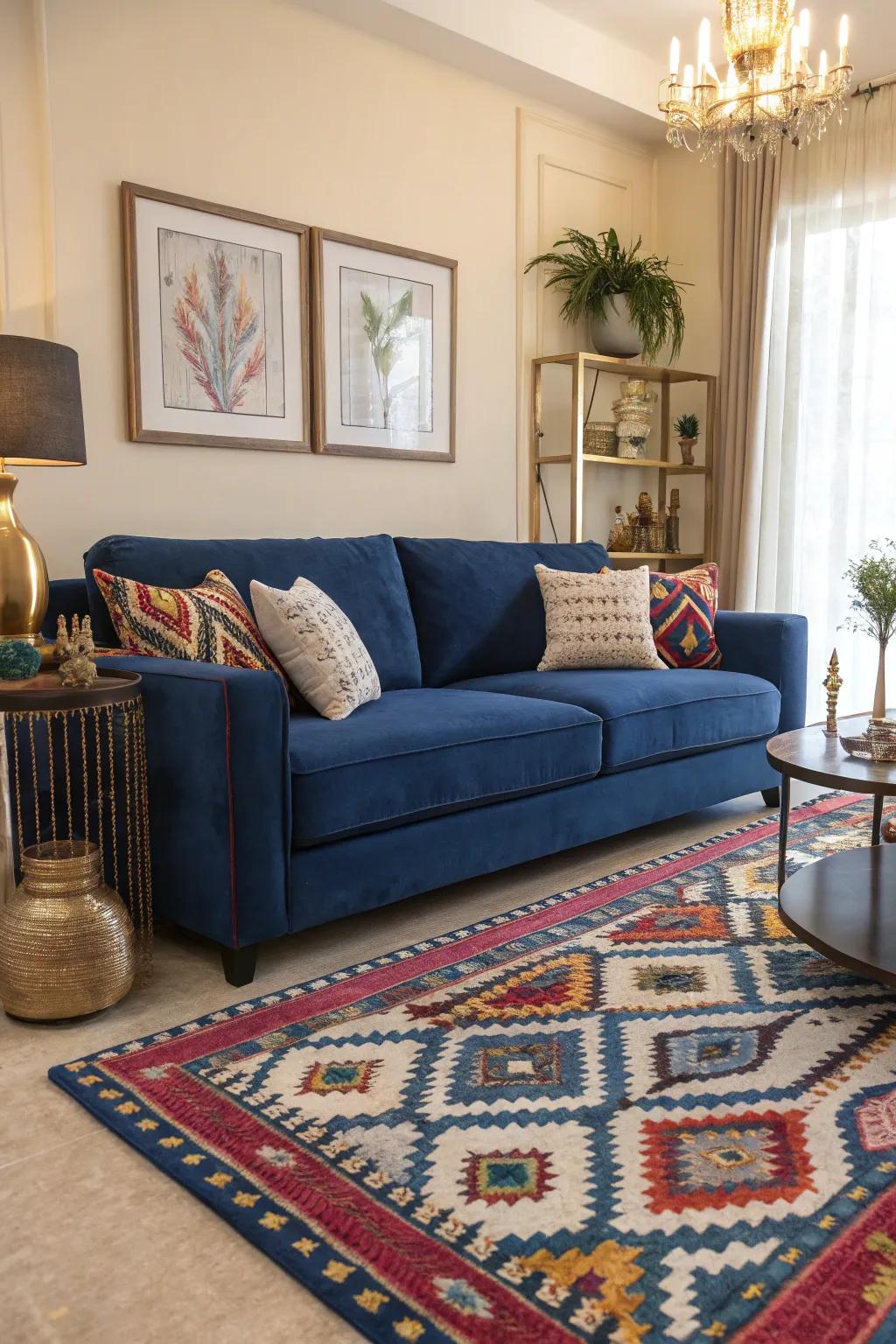 An artistic rug complements the sapphire settee, injecting warmth and character to the area.