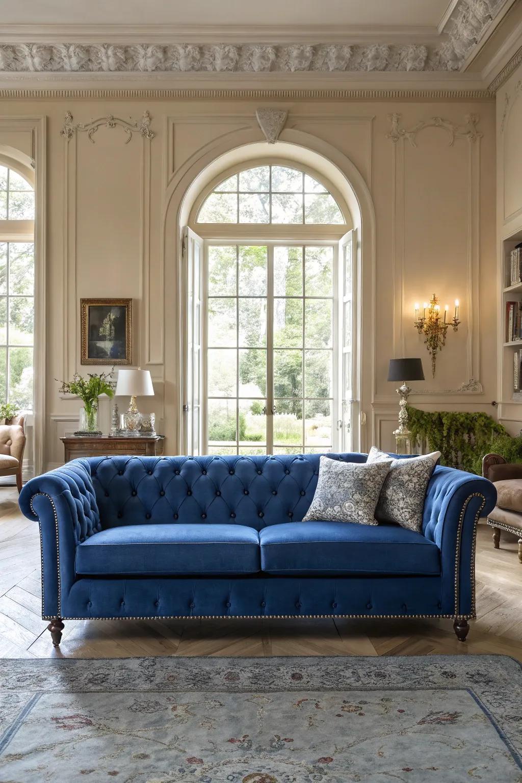 The sapphire settee showcases the room's structural details beautifully.