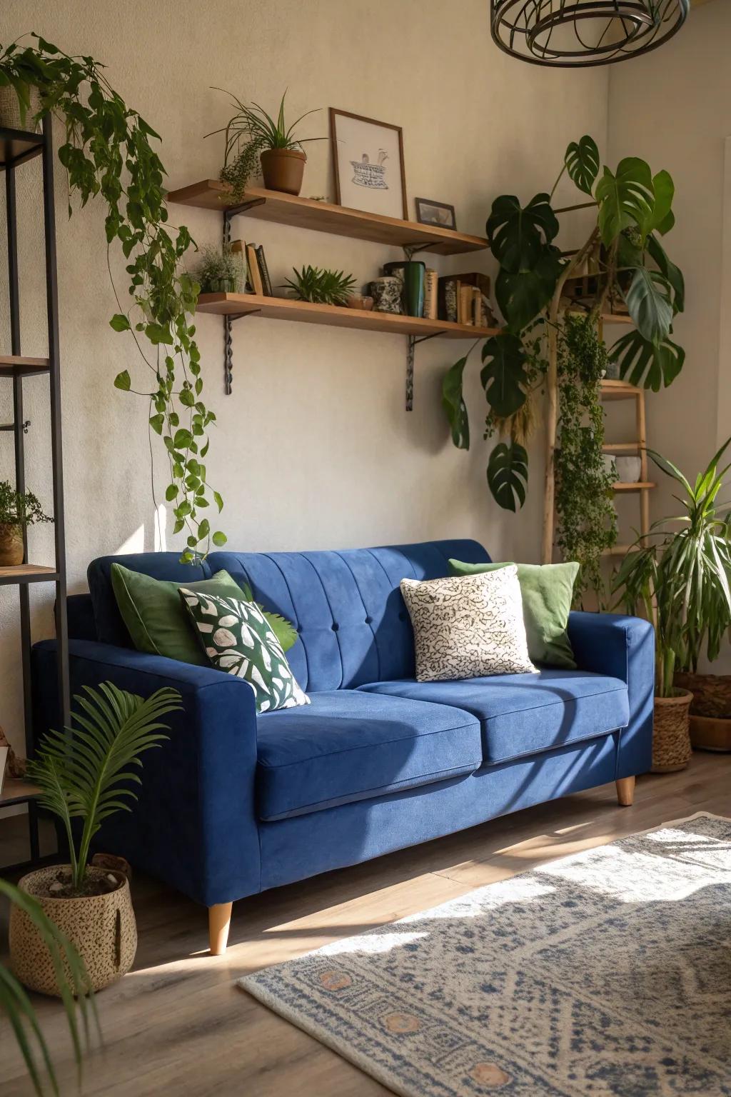 Abundant green botanicals bring a fresh and vibrant contrast to the sapphire settee.