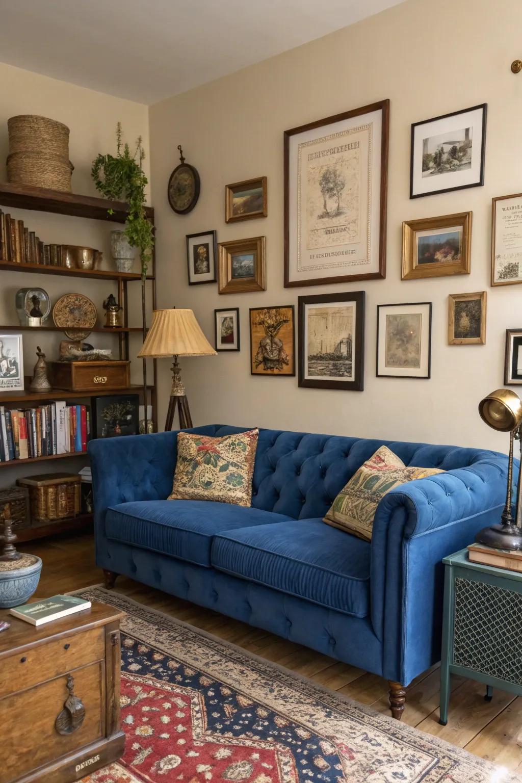 Period pieces inject charisma and charm to the setting with a sapphire settee.