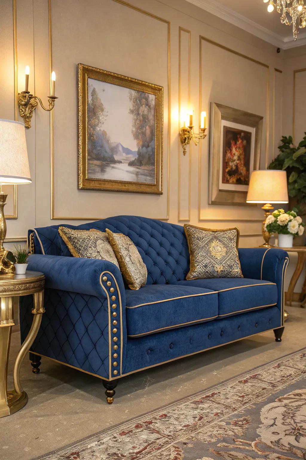 Gilded details enrich the sapphire settee, enhancing the room's elegance.