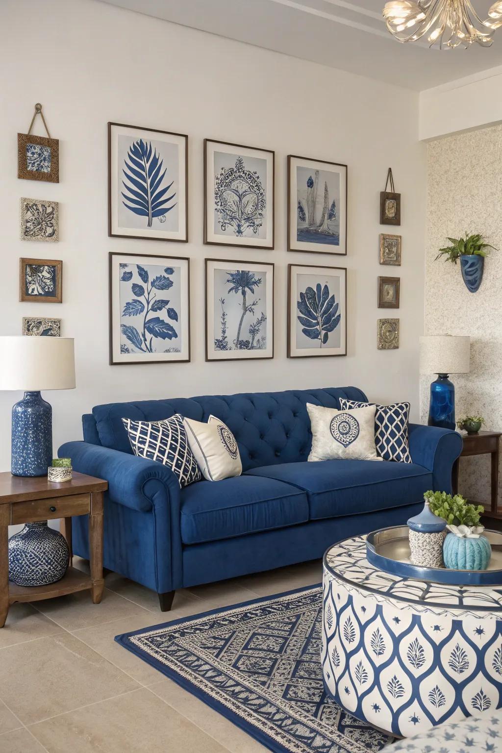 Art pieces showcasing blue hues complement the sapphire settee, creating a unified look.