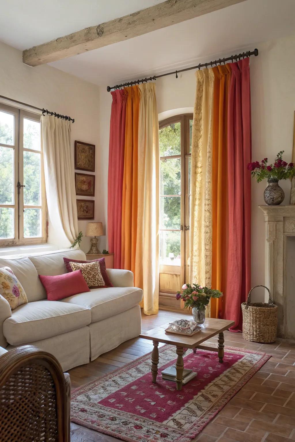 Bright window coverings can inject color and life into a neutral palette.