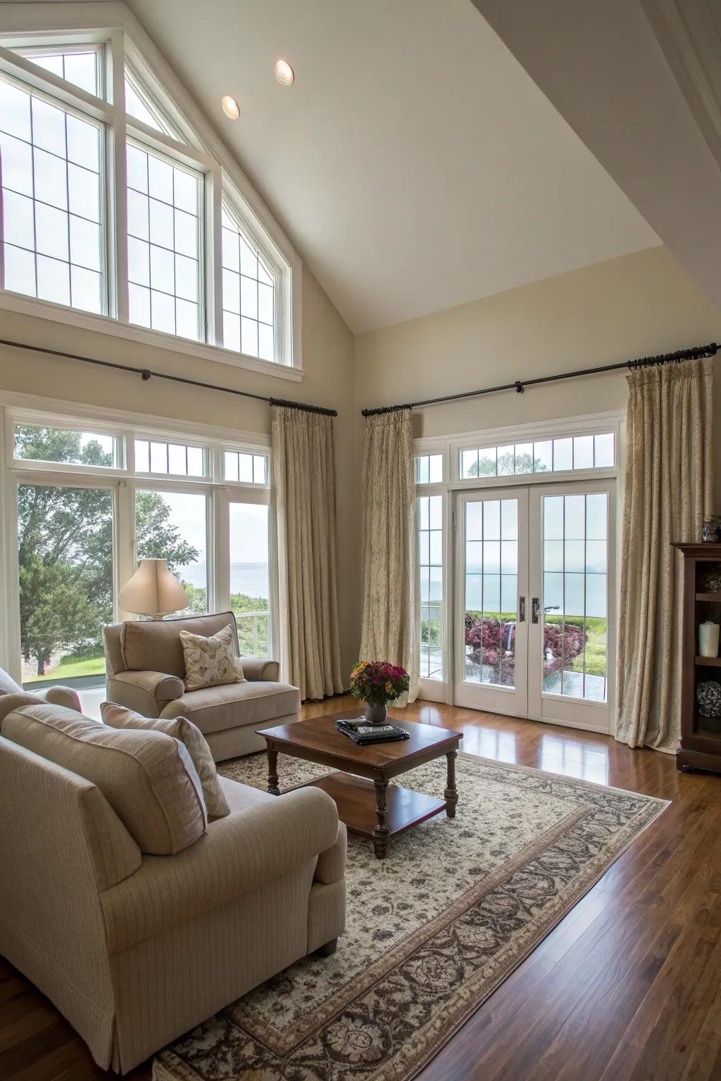 Ceiling-to-floor window coverings create a sense of height and grandeur.