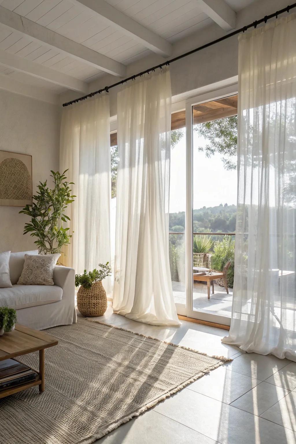 Airy linen window coverings enable a light-filled and welcoming area.