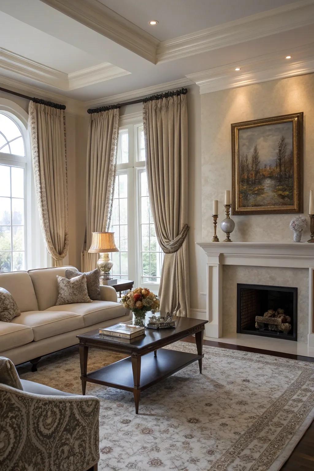 Full-length window coverings provide a luxurious and elongated appearance.