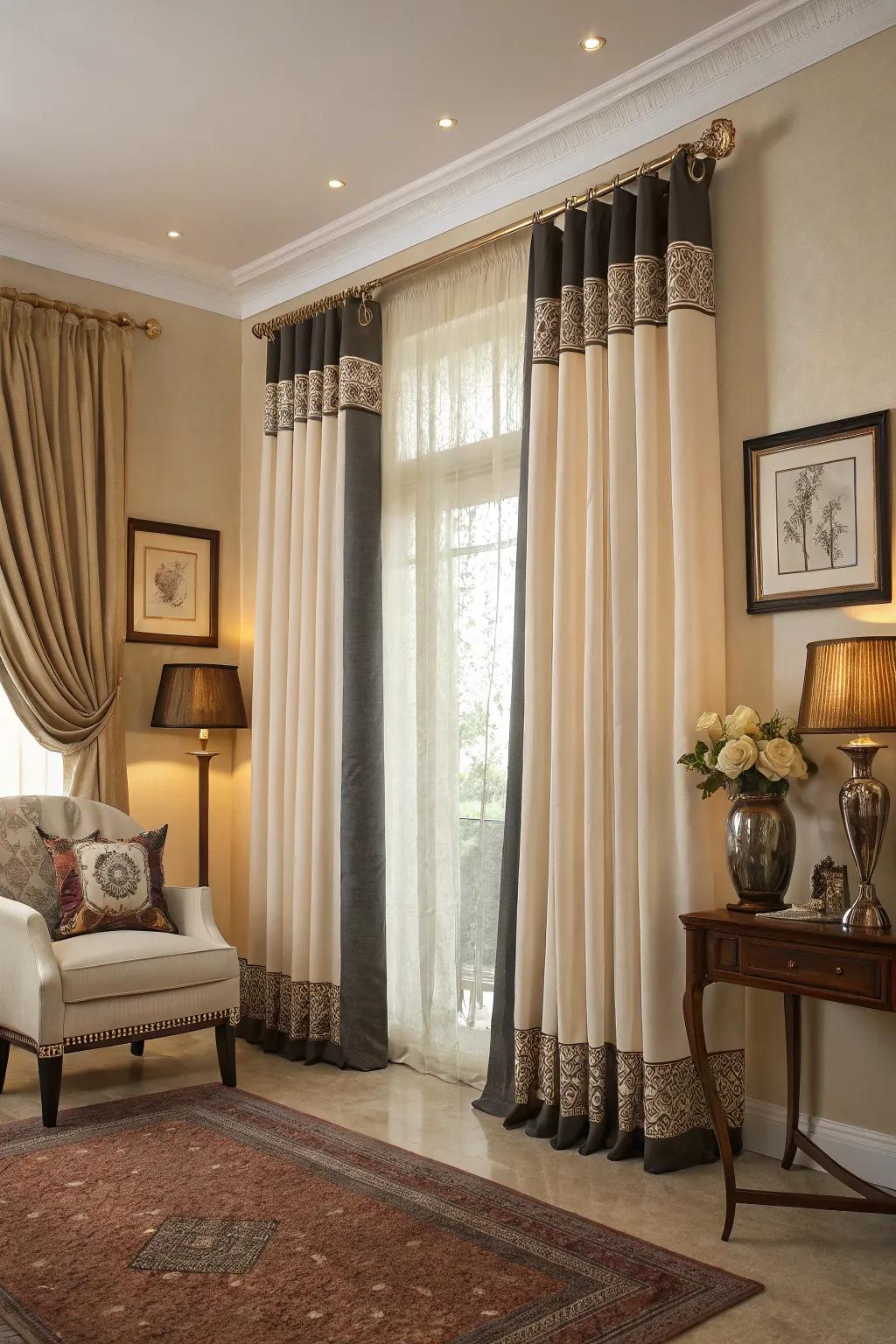 Contrasting borders on window coverings make a subtle yet impactful statement.