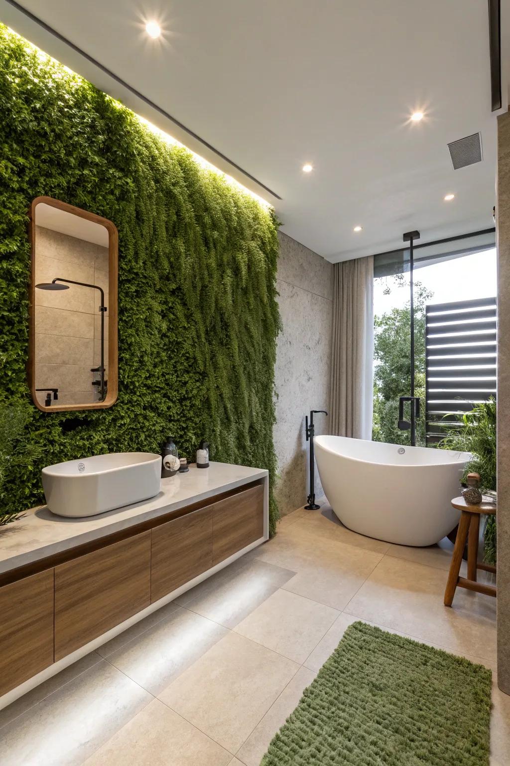 A serene bathroom features a vertical garden, delivering a spa-like sensation at home.